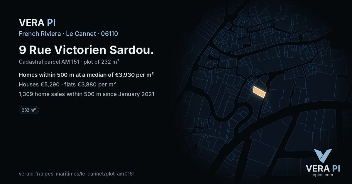 9 Rue Victorien Sardou, Le Cannet at night – the plot lit, the parcels around coloured by the prices near them