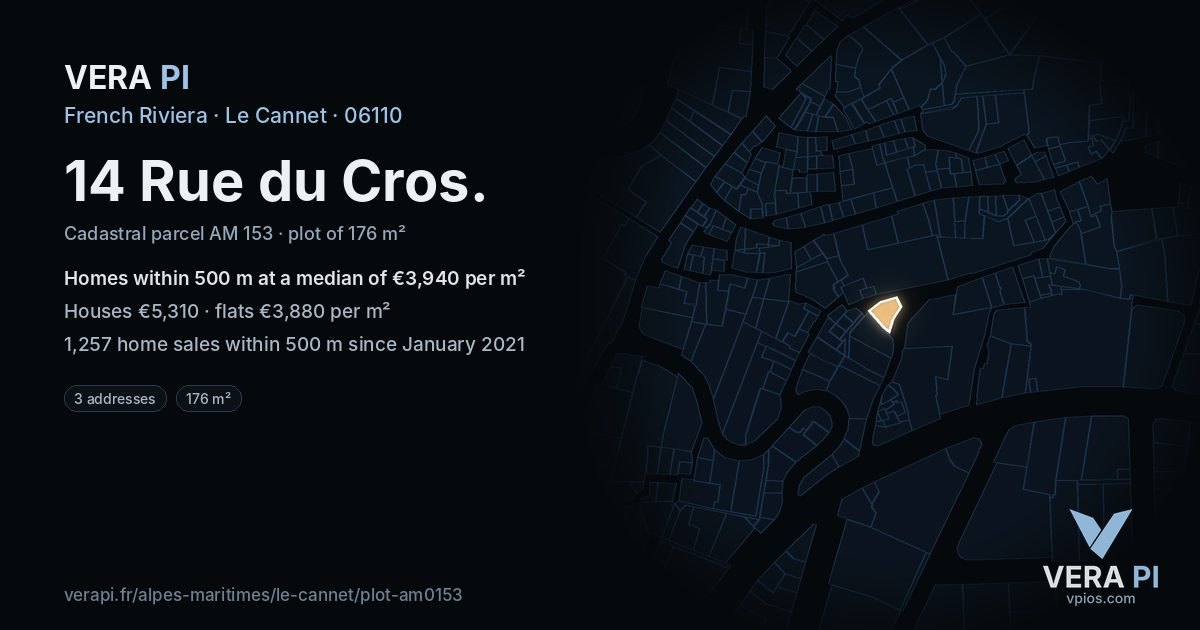 14 Rue du Cros, Le Cannet at night – the plot lit, the parcels around coloured by the prices near them