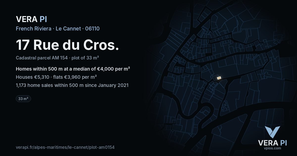 17 Rue du Cros, Le Cannet at night – the plot lit, the parcels around coloured by the prices near them