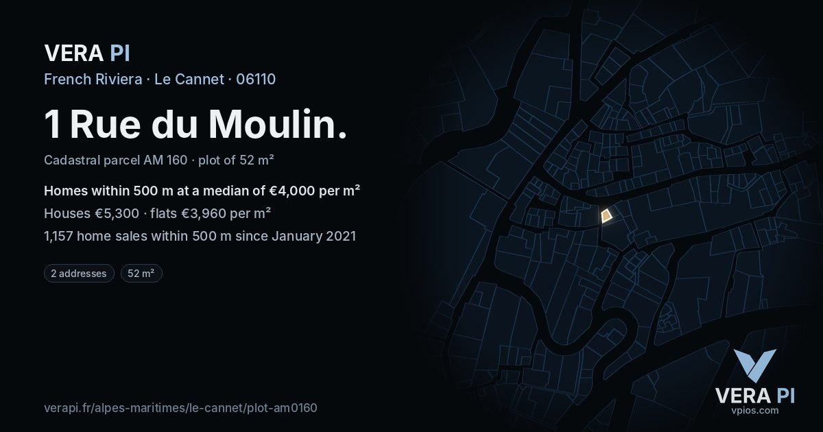 1 Rue du Moulin, Le Cannet at night – the plot lit, the parcels around coloured by the prices near them