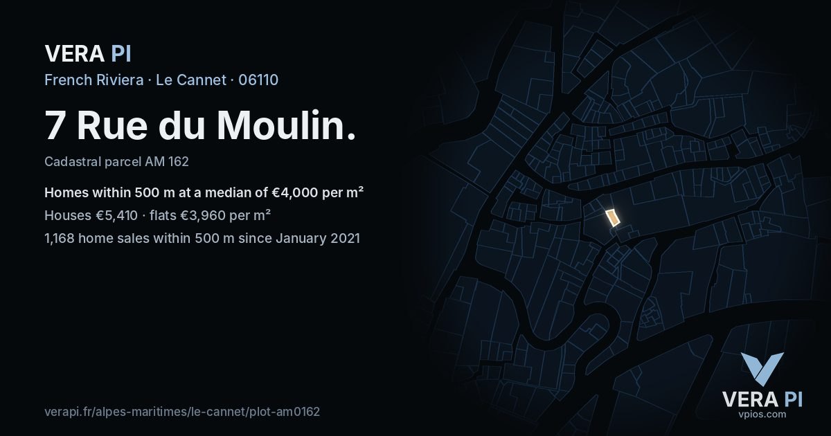 7 Rue du Moulin, Le Cannet at night – the plot lit, the parcels around coloured by the prices near them