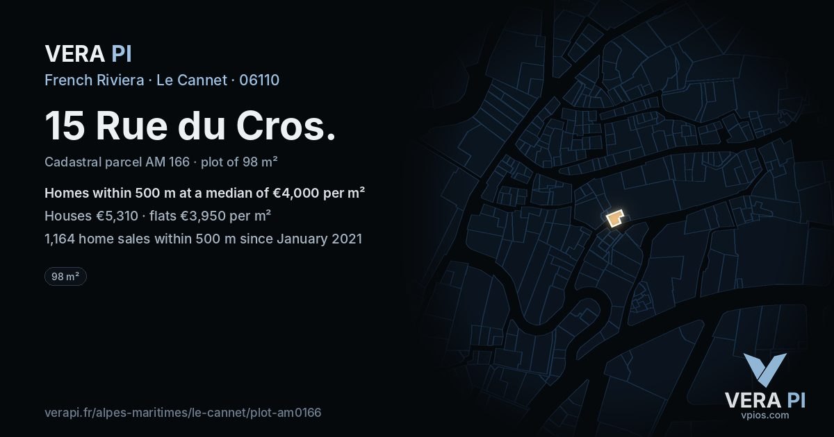 15 Rue du Cros, Le Cannet at night – the plot lit, the parcels around coloured by the prices near them