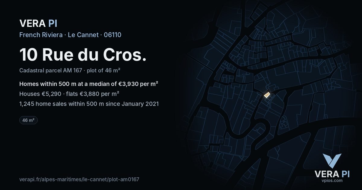 10 Rue du Cros, Le Cannet at night – the plot lit, the parcels around coloured by the prices near them