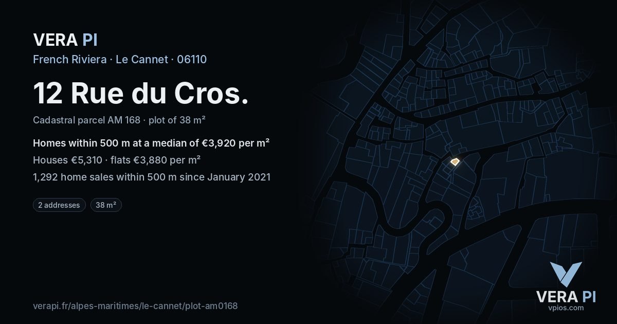 12 Rue du Cros, Le Cannet at night – the plot lit, the parcels around coloured by the prices near them