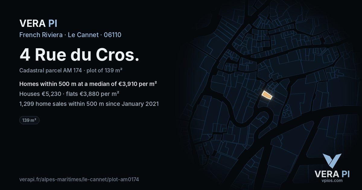 4 Rue du Cros, Le Cannet at night – the plot lit, the parcels around coloured by the prices near them