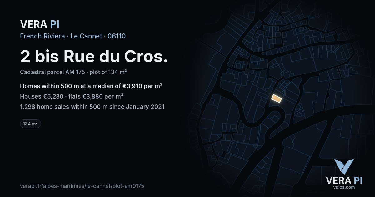 2 bis Rue du Cros, Le Cannet at night – the plot lit, the parcels around coloured by the prices near them