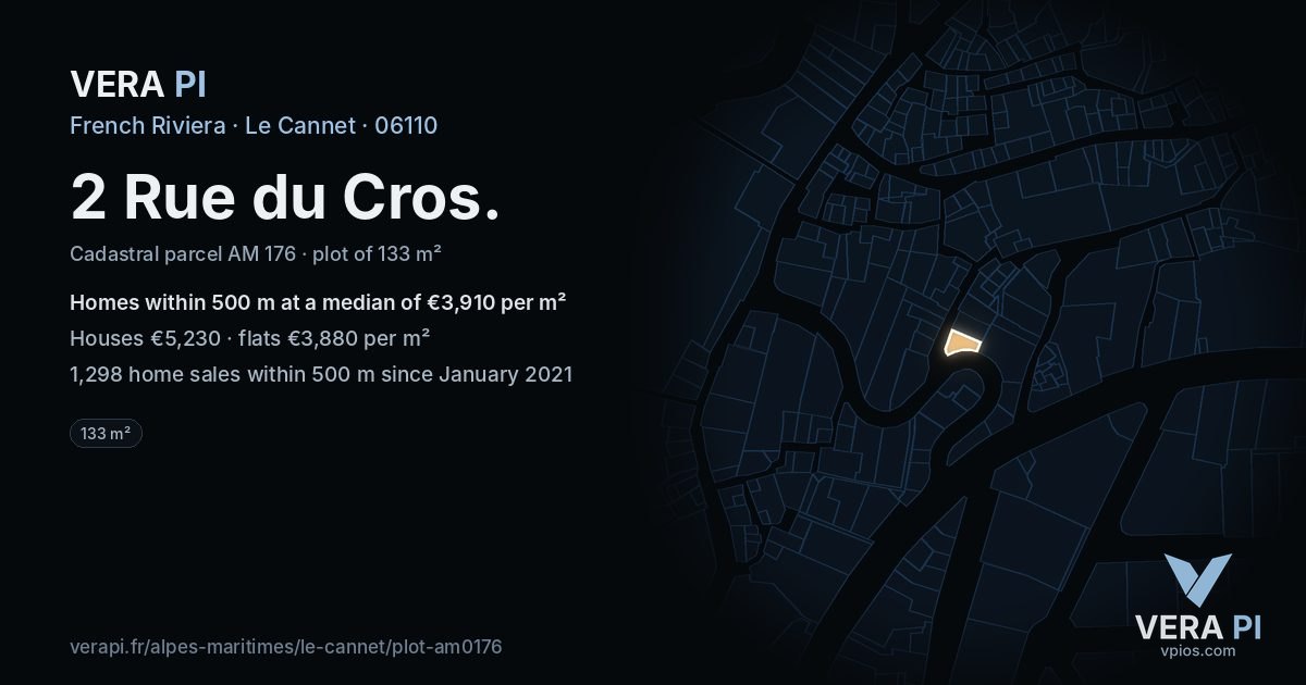 2 Rue du Cros, Le Cannet at night – the plot lit, the parcels around coloured by the prices near them