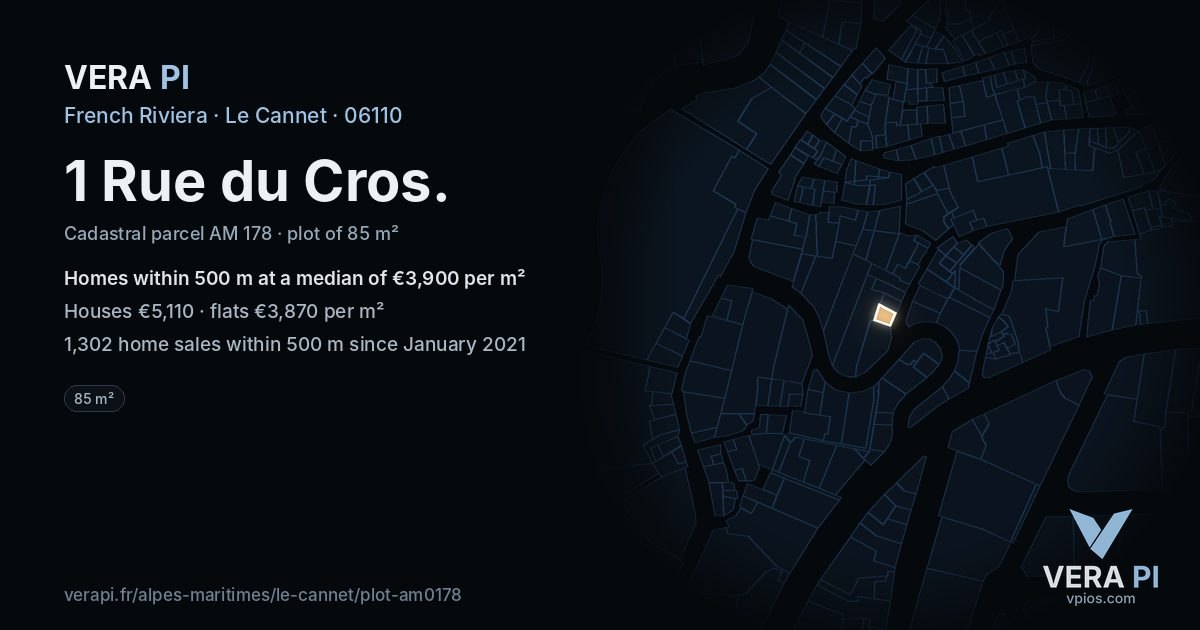 1 Rue du Cros, Le Cannet at night – the plot lit, the parcels around coloured by the prices near them