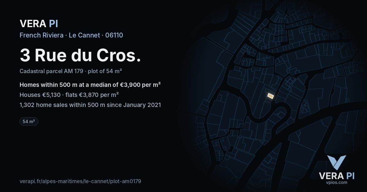 3 Rue du Cros, Le Cannet at night – the plot lit, the parcels around coloured by the prices near them