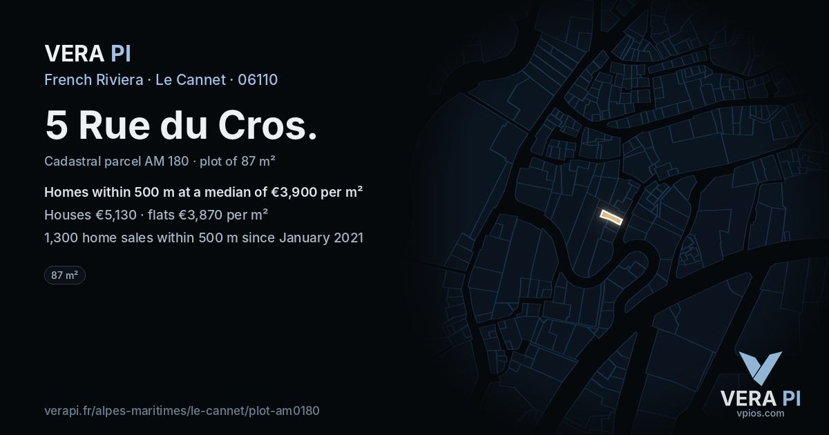 5 Rue du Cros, Le Cannet at night – the plot lit, the parcels around coloured by the prices near them