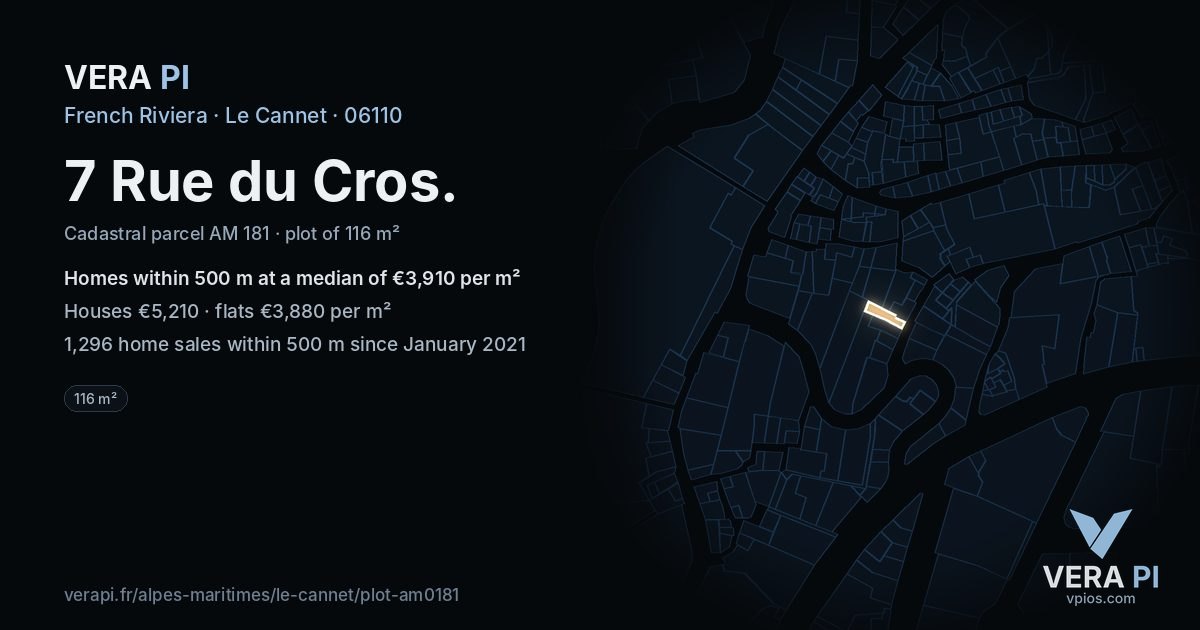 7 Rue du Cros, Le Cannet at night – the plot lit, the parcels around coloured by the prices near them