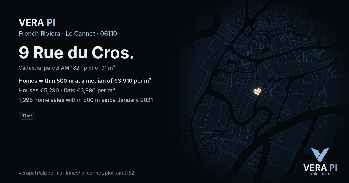 9 Rue du Cros, Le Cannet at night – the plot lit, the parcels around coloured by the prices near them