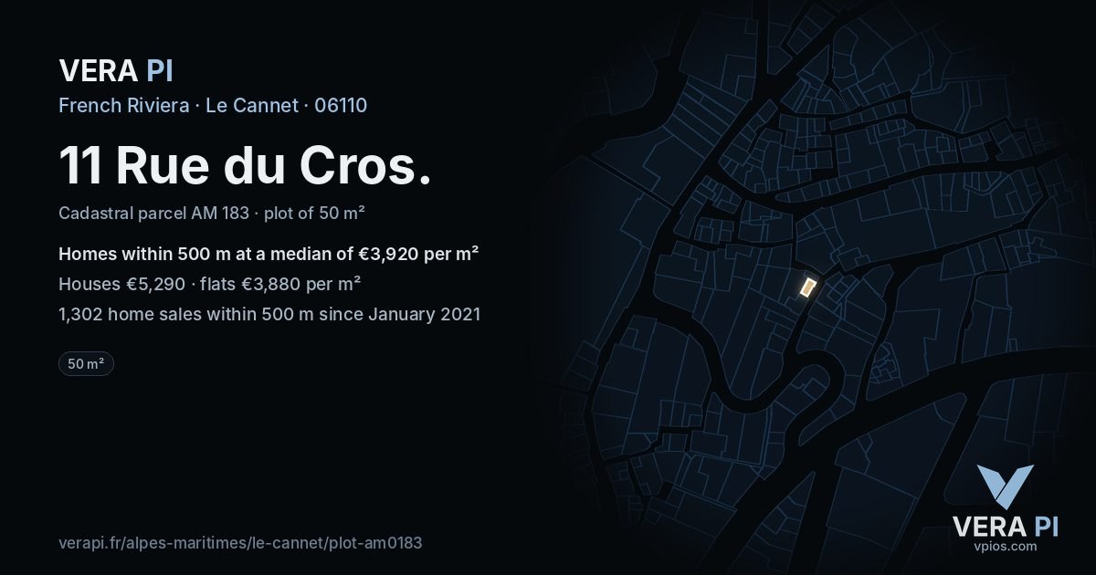 11 Rue du Cros, Le Cannet at night – the plot lit, the parcels around coloured by the prices near them