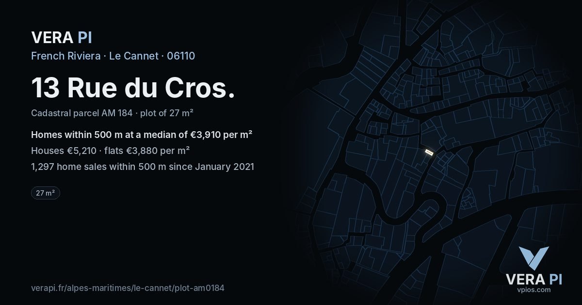 13 Rue du Cros, Le Cannet at night – the plot lit, the parcels around coloured by the prices near them