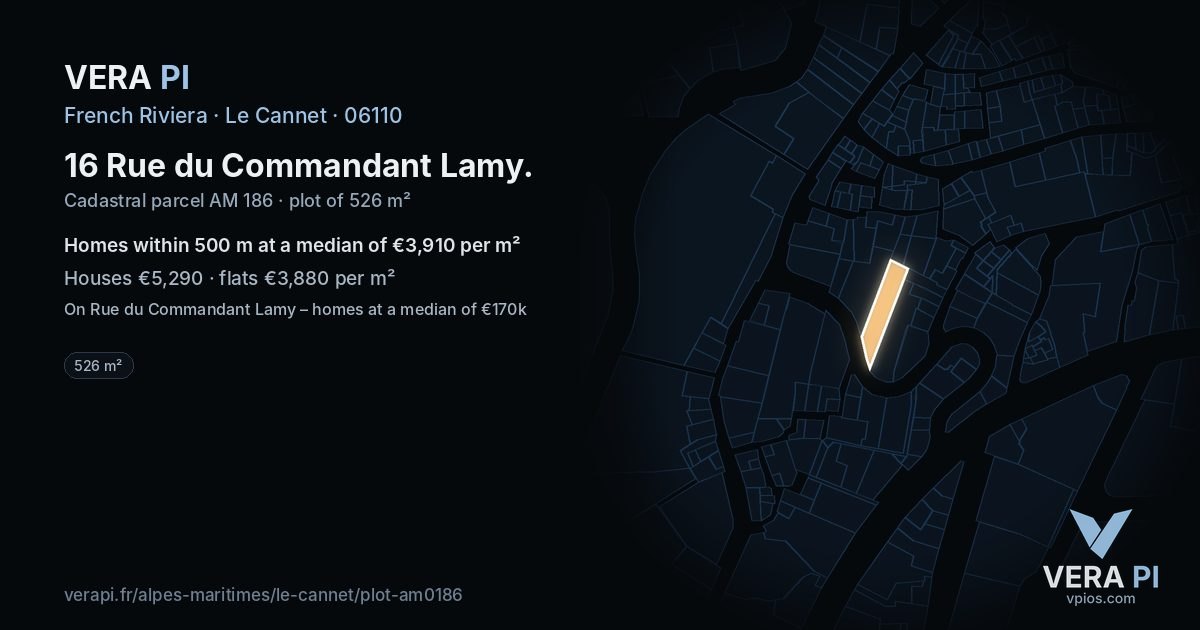 16 Rue du Commandant Lamy, Le Cannet at night – the plot lit, the parcels around coloured by the prices near them