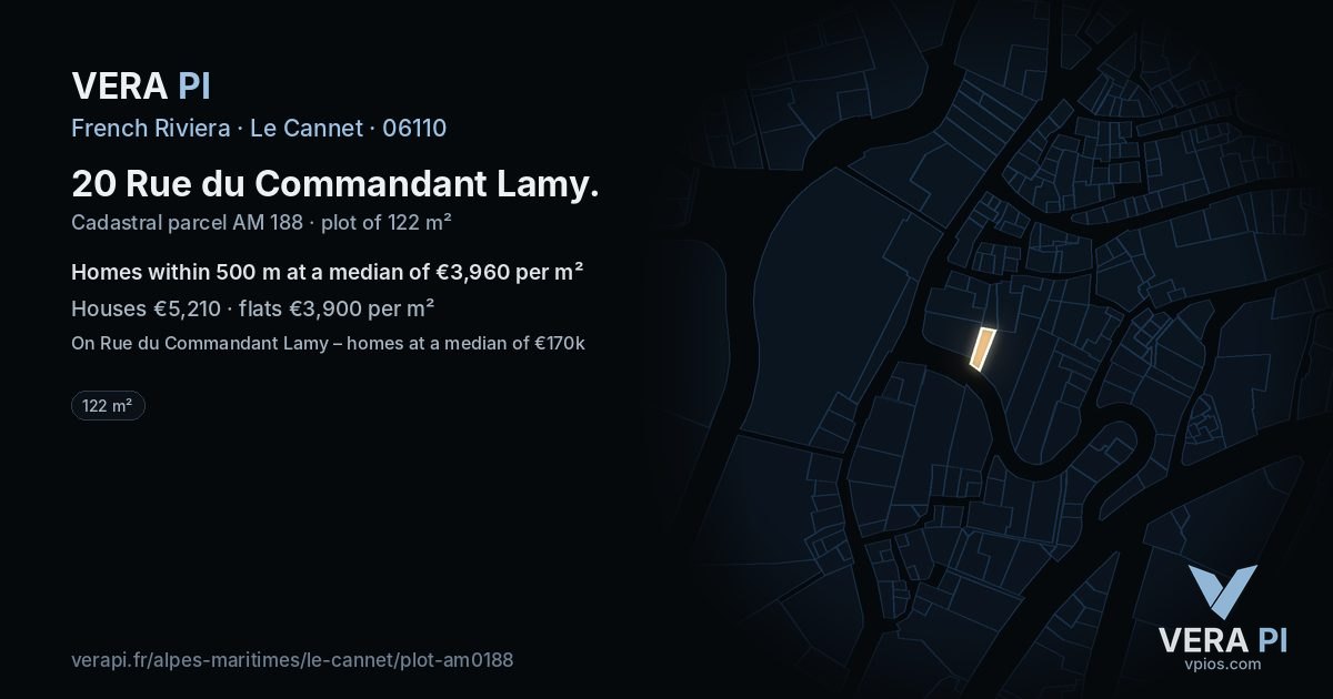 20 Rue du Commandant Lamy, Le Cannet at night – the plot lit, the parcels around coloured by the prices near them