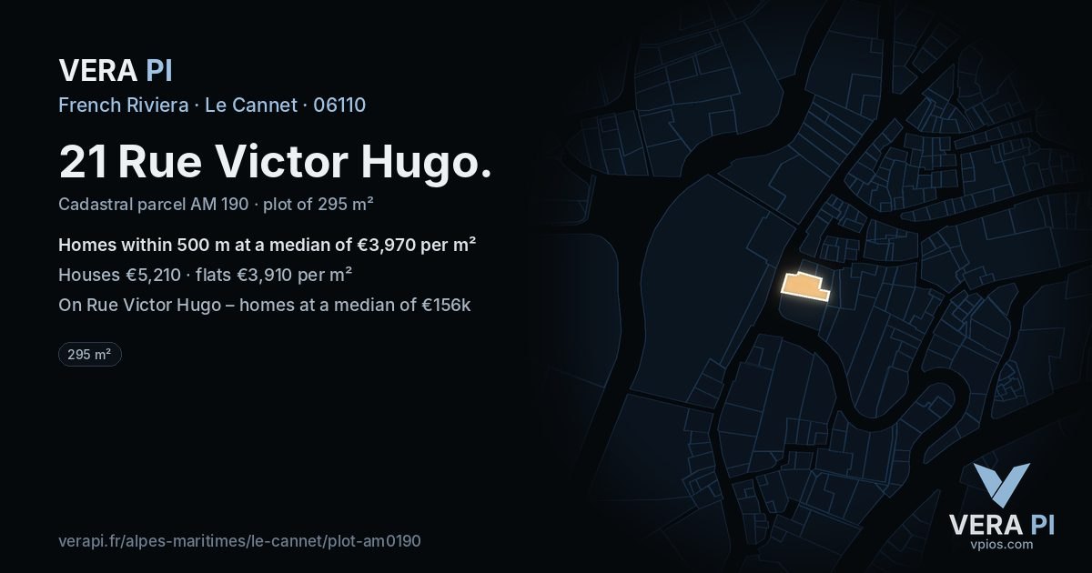 21 Rue Victor Hugo, Le Cannet at night – the plot lit, the parcels around coloured by the prices near them