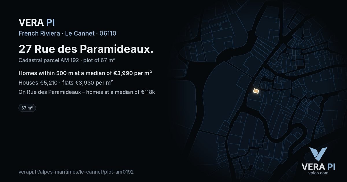 27 Rue des Paramideaux, Le Cannet at night – the plot lit, the parcels around coloured by the prices near them
