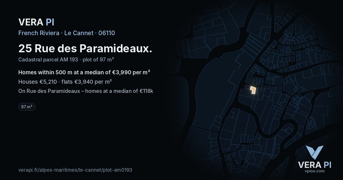 25 Rue des Paramideaux, Le Cannet at night – the plot lit, the parcels around coloured by the prices near them