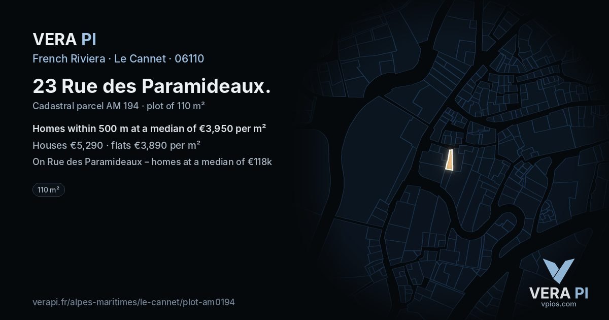 23 Rue des Paramideaux, Le Cannet at night – the plot lit, the parcels around coloured by the prices near them