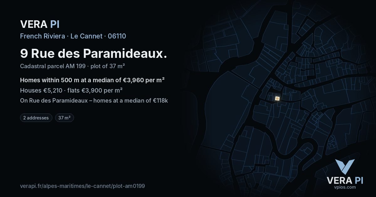 9 Rue des Paramideaux, Le Cannet at night – the plot lit, the parcels around coloured by the prices near them