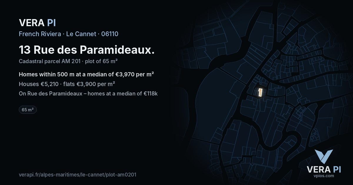 13 Rue des Paramideaux, Le Cannet at night – the plot lit, the parcels around coloured by the prices near them