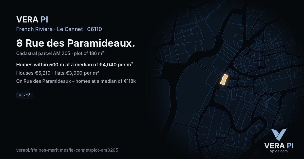 8 Rue des Paramideaux, Le Cannet at night – the plot lit, the parcels around coloured by the prices near them