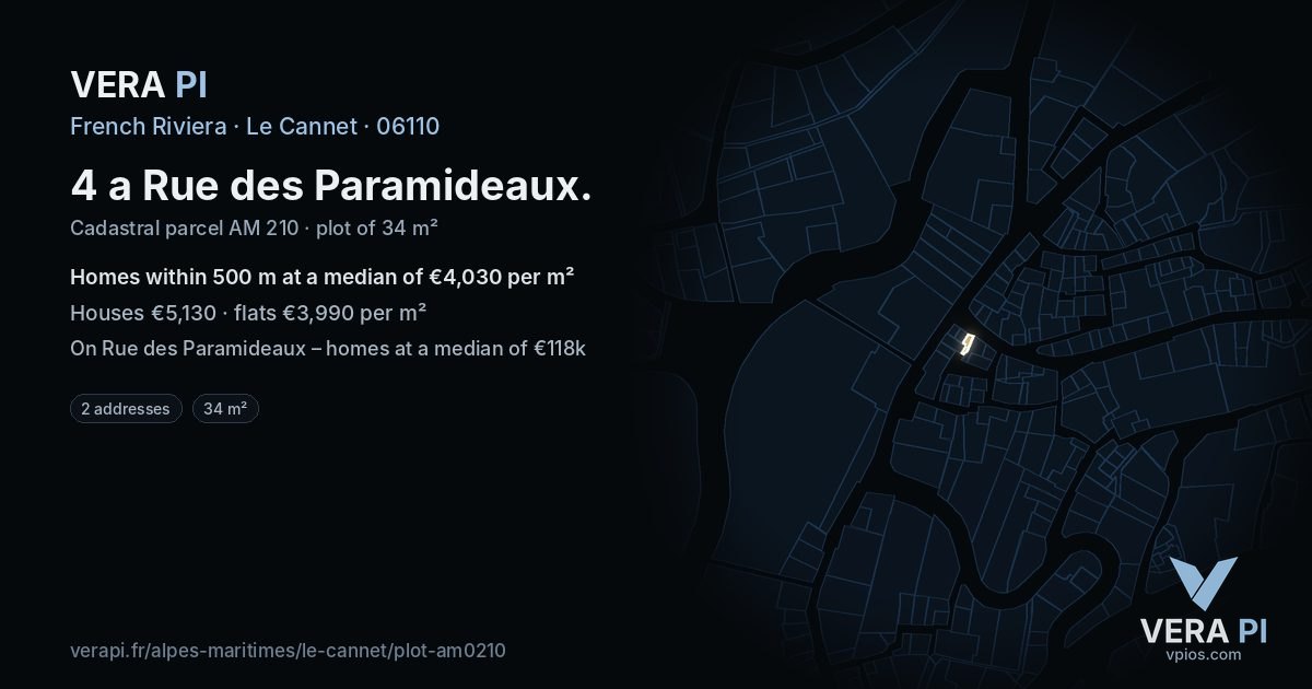 4 a Rue des Paramideaux, Le Cannet at night – the plot lit, the parcels around coloured by the prices near them