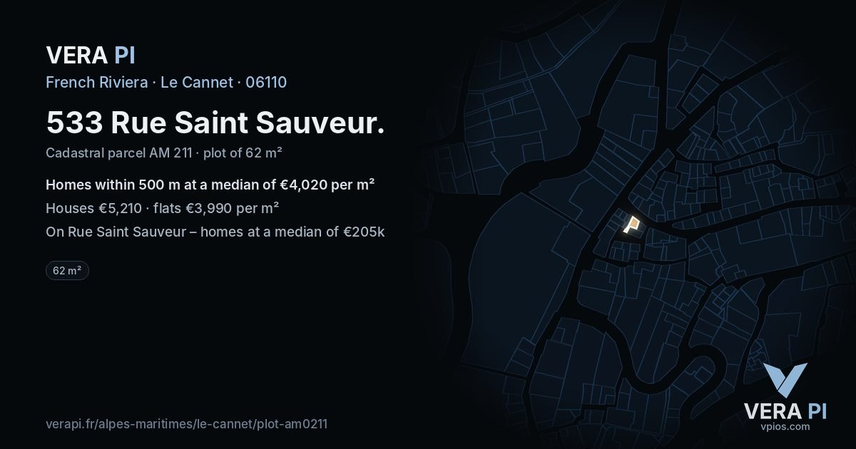 533 Rue Saint Sauveur, Le Cannet at night – the plot lit, the parcels around coloured by the prices near them