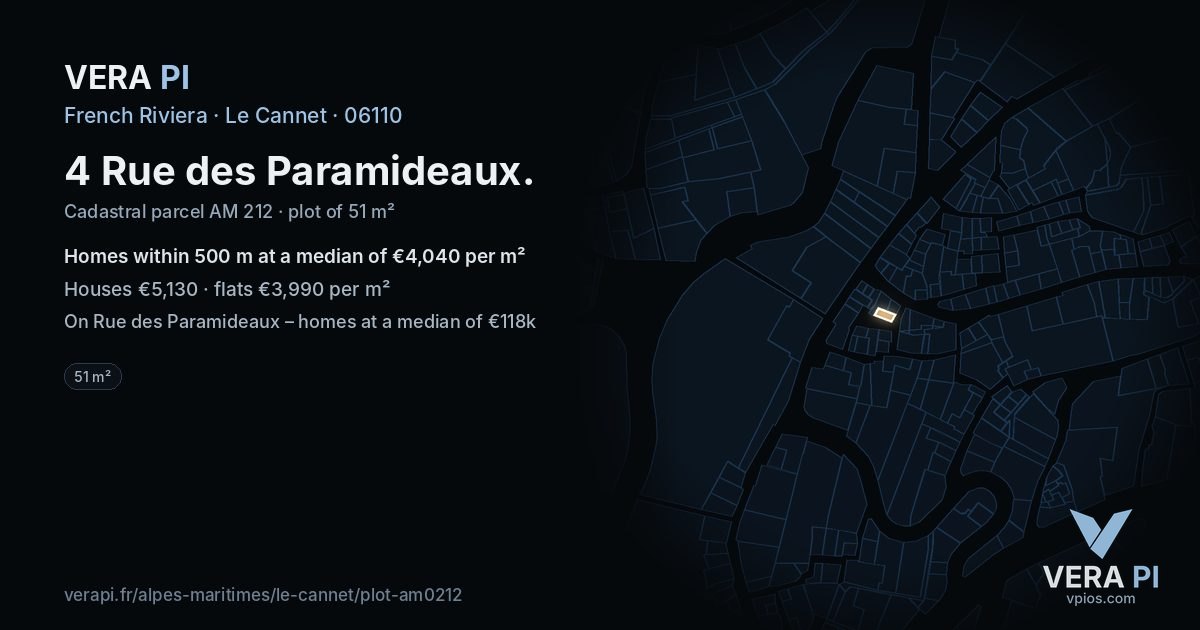 4 Rue des Paramideaux, Le Cannet at night – the plot lit, the parcels around coloured by the prices near them