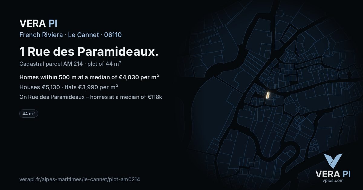 1 Rue des Paramideaux, Le Cannet at night – the plot lit, the parcels around coloured by the prices near them