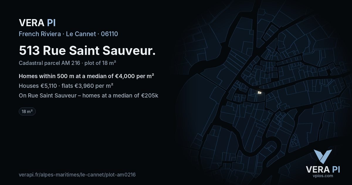513 Rue Saint Sauveur, Le Cannet at night – the plot lit, the parcels around coloured by the prices near them