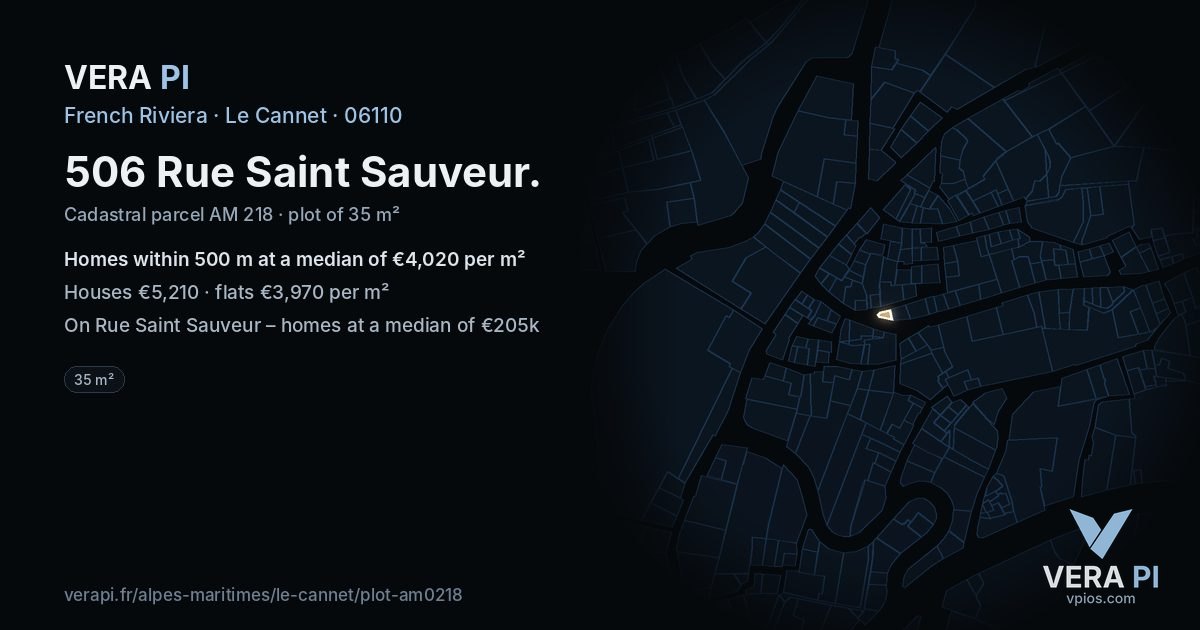 506 Rue Saint Sauveur, Le Cannet at night – the plot lit, the parcels around coloured by the prices near them