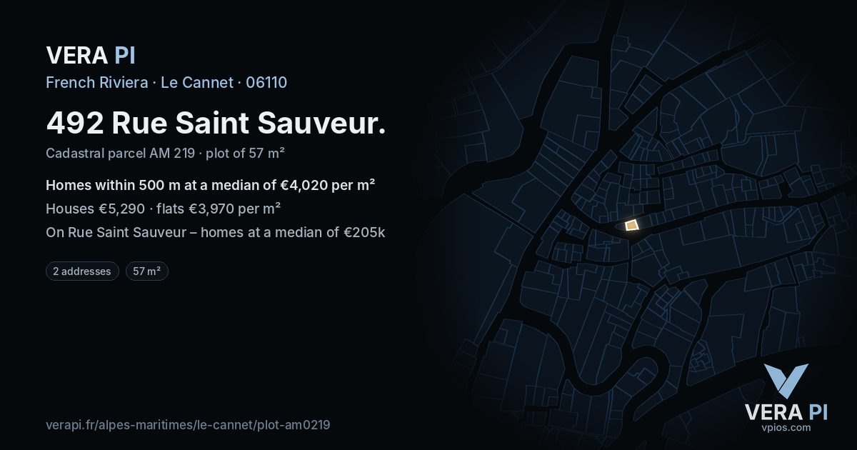 492 Rue Saint Sauveur, Le Cannet at night – the plot lit, the parcels around coloured by the prices near them