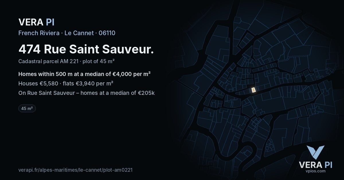 474 Rue Saint Sauveur, Le Cannet at night – the plot lit, the parcels around coloured by the prices near them