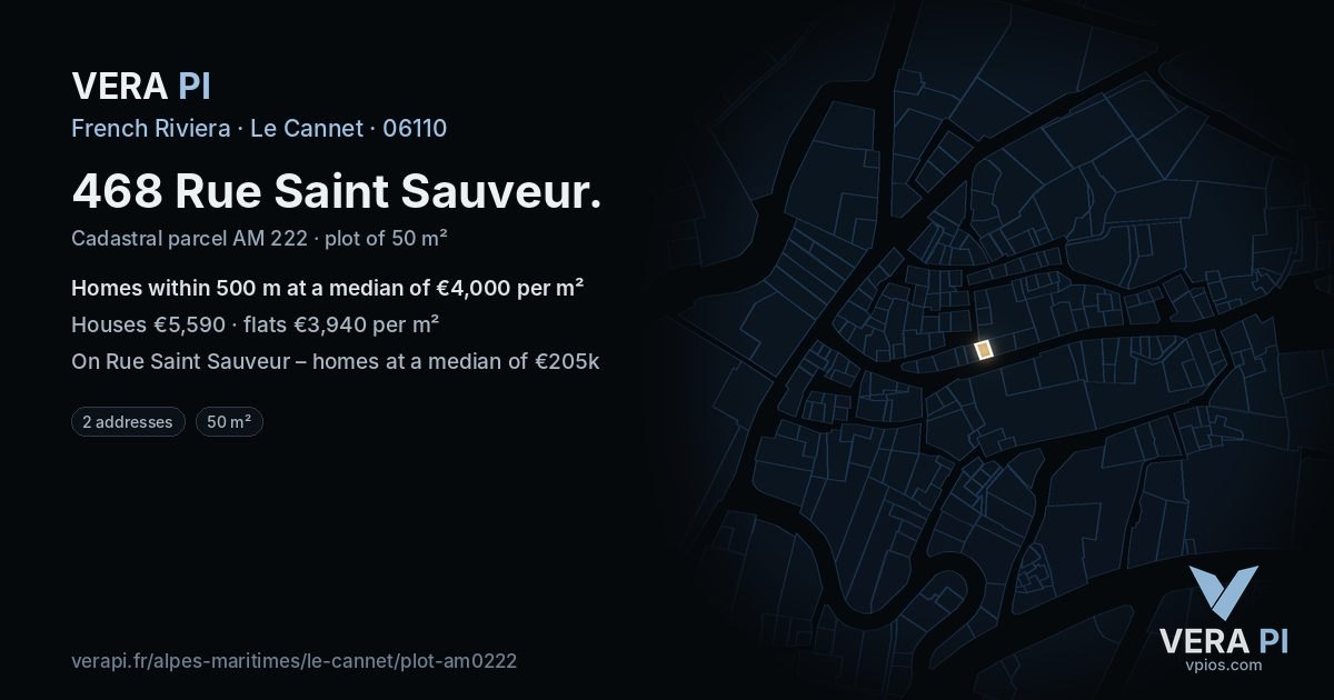 468 Rue Saint Sauveur, Le Cannet at night – the plot lit, the parcels around coloured by the prices near them