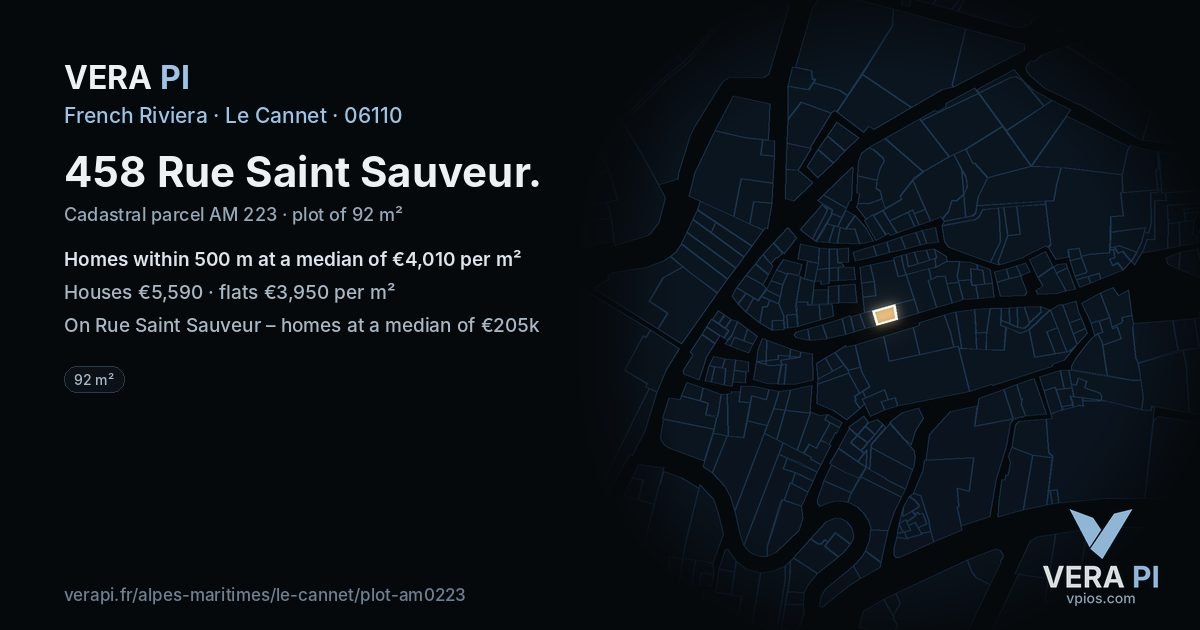 458 Rue Saint Sauveur, Le Cannet at night – the plot lit, the parcels around coloured by the prices near them
