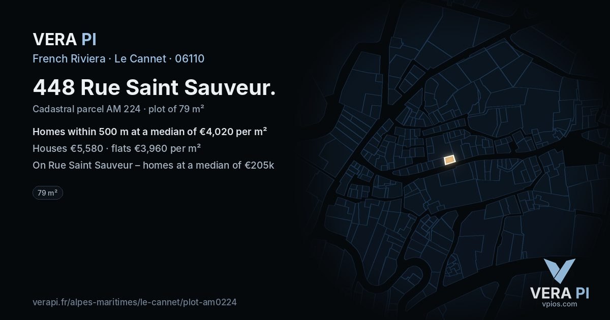 448 Rue Saint Sauveur, Le Cannet at night – the plot lit, the parcels around coloured by the prices near them