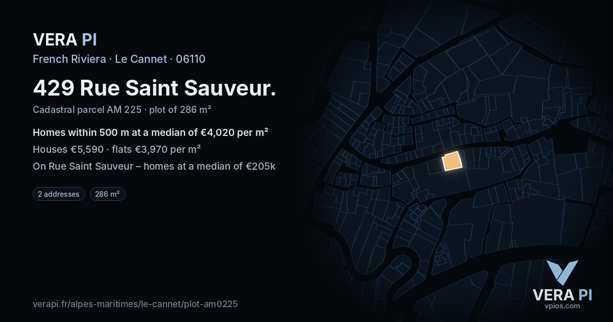 429 Rue Saint Sauveur, Le Cannet at night – the plot lit, the parcels around coloured by the prices near them