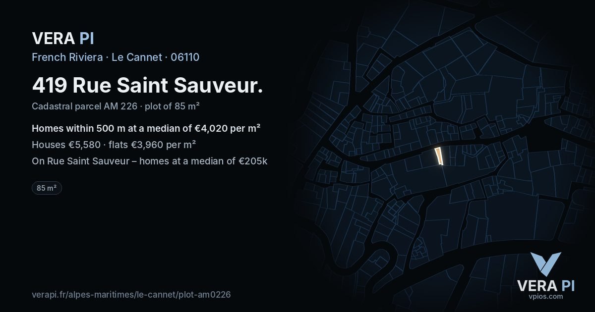 419 Rue Saint Sauveur, Le Cannet at night – the plot lit, the parcels around coloured by the prices near them