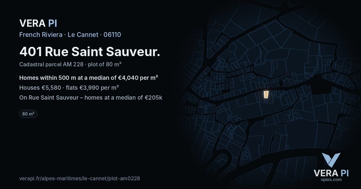 401 Rue Saint Sauveur, Le Cannet at night – the plot lit, the parcels around coloured by the prices near them