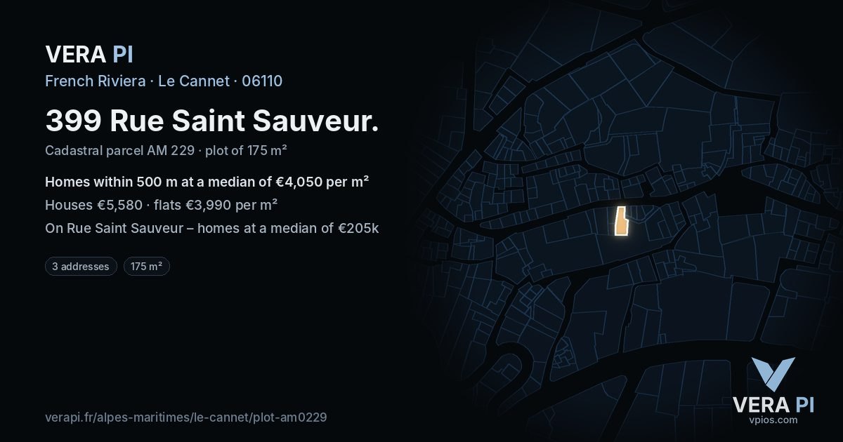 399 Rue Saint Sauveur, Le Cannet at night – the plot lit, the parcels around coloured by the prices near them