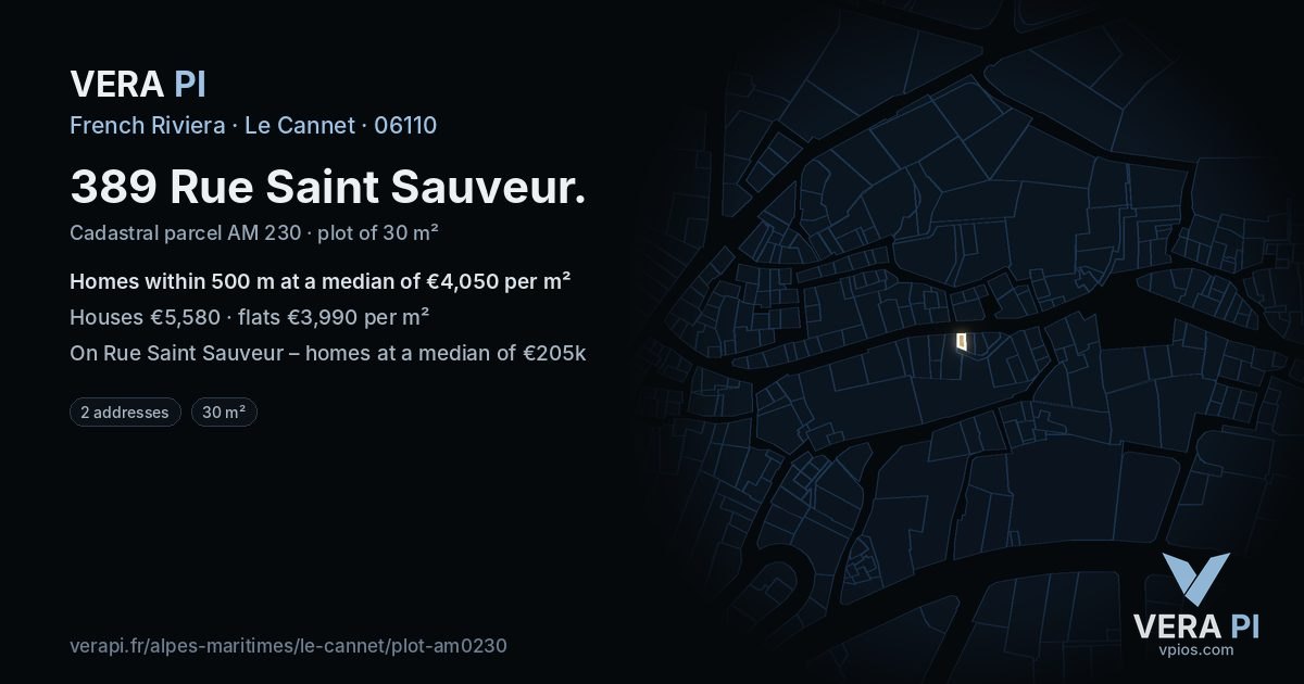 389 Rue Saint Sauveur, Le Cannet at night – the plot lit, the parcels around coloured by the prices near them