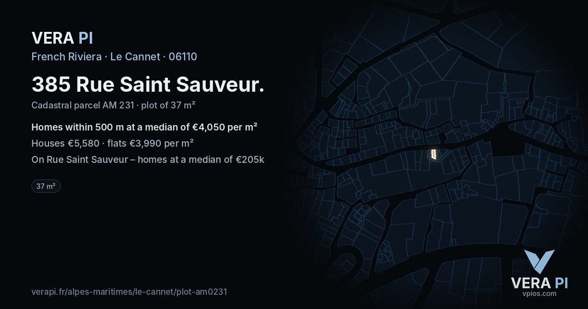 385 Rue Saint Sauveur, Le Cannet at night – the plot lit, the parcels around coloured by the prices near them
