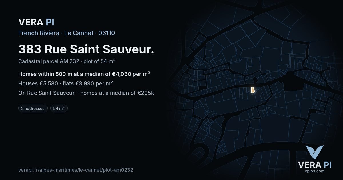 383 Rue Saint Sauveur, Le Cannet at night – the plot lit, the parcels around coloured by the prices near them