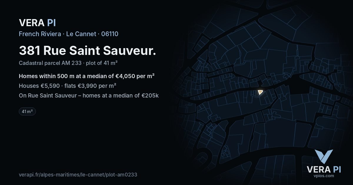 381 Rue Saint Sauveur, Le Cannet at night – the plot lit, the parcels around coloured by the prices near them