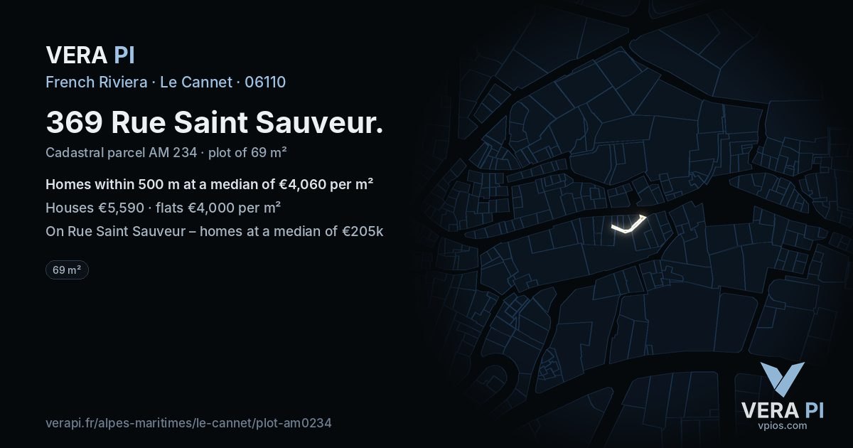 369 Rue Saint Sauveur, Le Cannet at night – the plot lit, the parcels around coloured by the prices near them