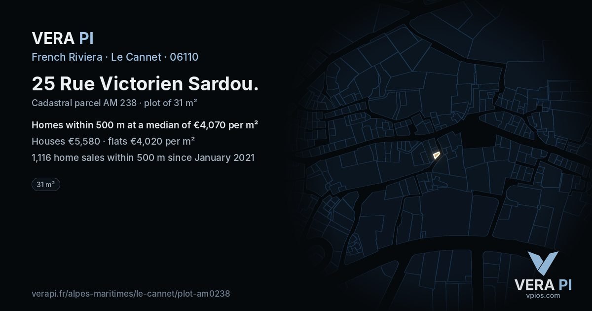 25 Rue Victorien Sardou, Le Cannet at night – the plot lit, the parcels around coloured by the prices near them