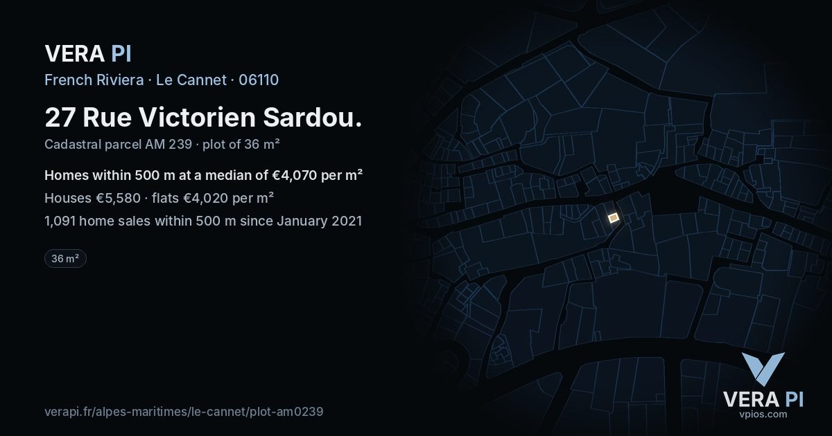 27 Rue Victorien Sardou, Le Cannet at night – the plot lit, the parcels around coloured by the prices near them