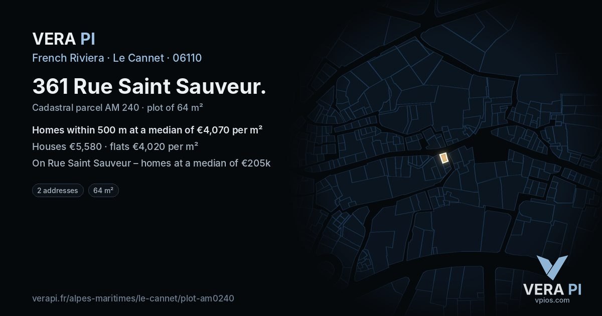 361 Rue Saint Sauveur, Le Cannet at night – the plot lit, the parcels around coloured by the prices near them